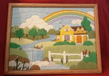 Vintage 1970's Retro "MOD" Crewel Work  Rainbow/House/Waterfall Framed 13"x17"