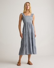 Quince Women 100% European Linen Smocked Midi Dress Chambray Stripe S