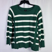 Talbots Crewneck Sweater Button Details Mariner Stripe Sz 2X Kelly Green White