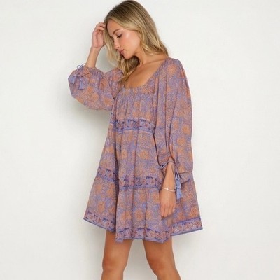 Cleobella Hattie Mini Dress Vine Block Floral Print Boho S Balloon Puff Sleeve