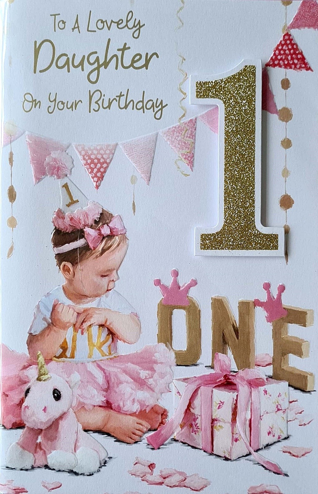 Happy 1st Birthday Card to A Lovely Daughter Cute Baby Unicorn Gold Glitter