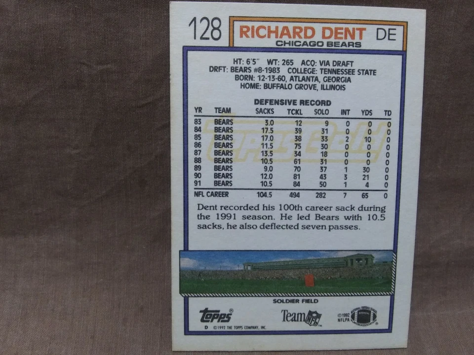 Richard Dent 1992 Topps card # 128 w/ gold foil - Image 2 of 2