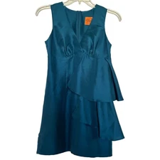 Women’s Voom by Joy Han Silk Tiered V Neck Cocktail Dress in Teal Sz S