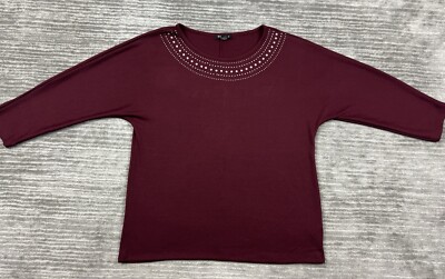 BY Design Top Womens Large Red Rhinestone Neckline Polyester Blend 3/4 Sleeve