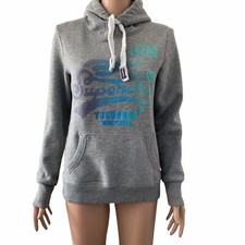 SuperDry Sweatshirt Women's Size 6 Hooded Pullover Spellout Shimmer Gray Blue