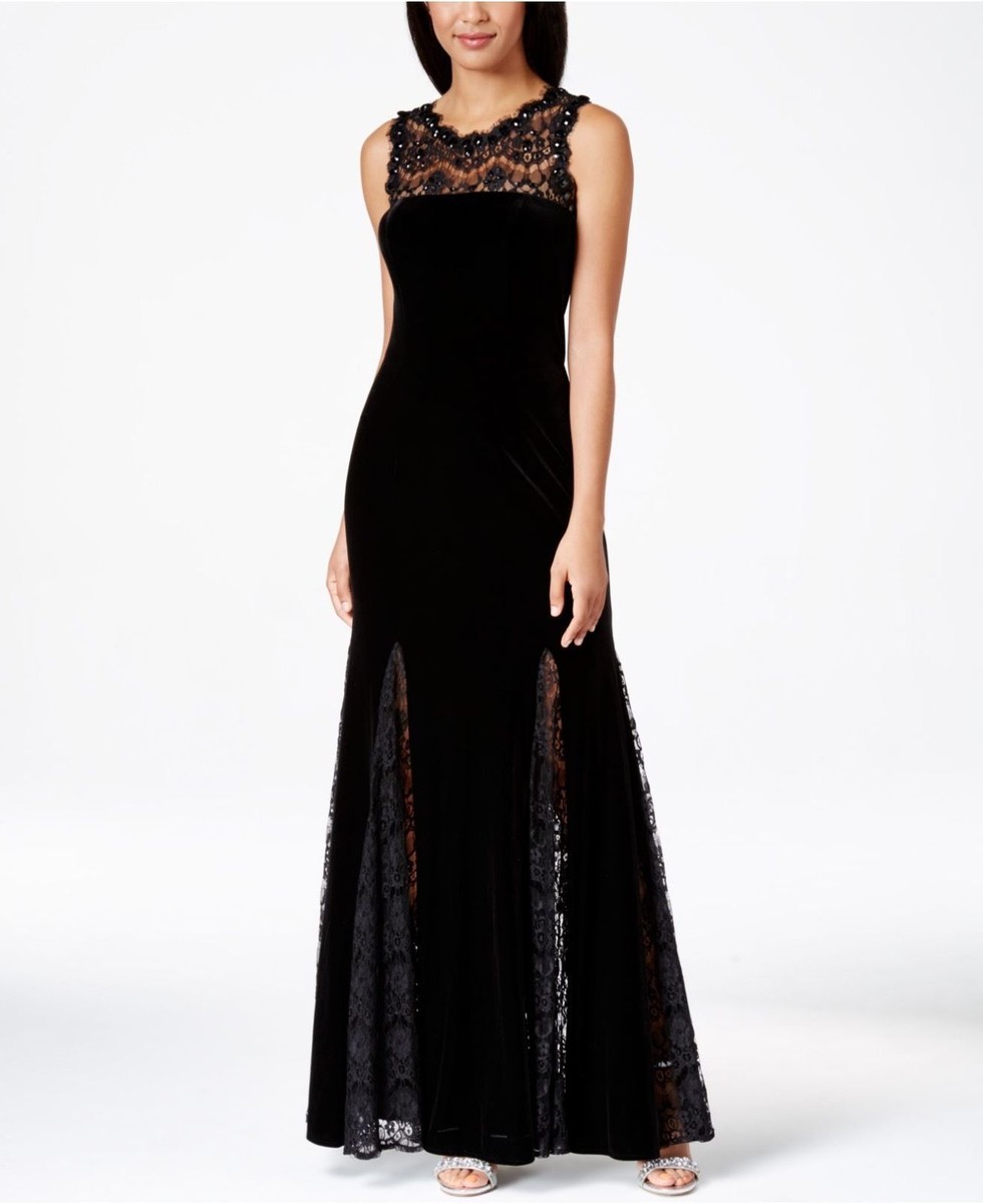 betsy and adam black velvet dress & New Womens Embellished Lace Trim Evening Gown 10 $279 A subtle leg slit