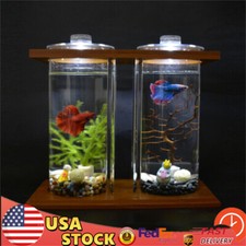 Dual Glass Desktop Fish Tank Home Office Betta Aquarium Set LED Light Ornaments