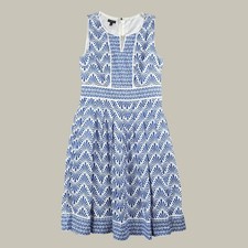 Talbots Dress Womens 4 Fit Flare Blue White Fan Geometric Cotton Lined Preppy