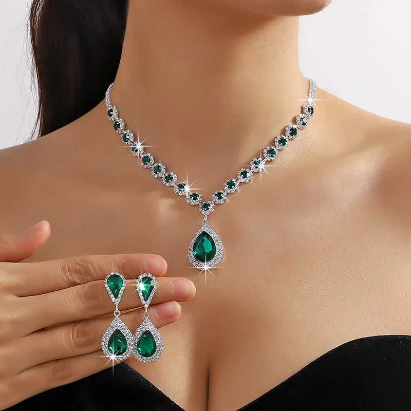 Luxury Red Green Blue Crystal Necklace Earrings For Women Water Drop