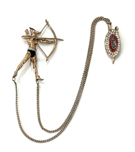 Sterling Silver 1940's Enameled Archer Chatelain Pin Brooch