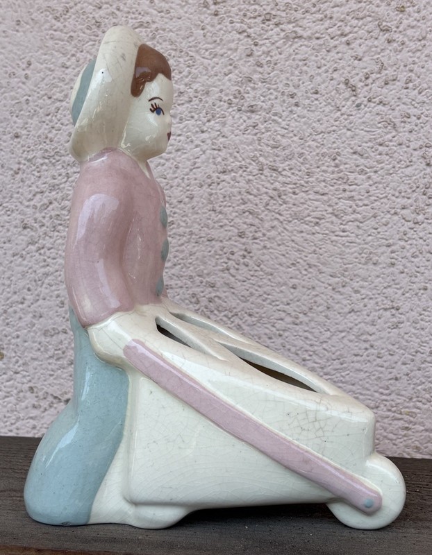 Vintage 40’s Era Porcelain Figurine “Gardener Girl with Wheeled Barrow”