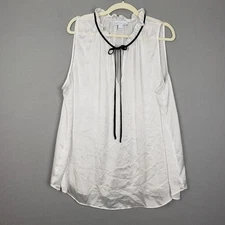 Boutique Size 1X Sleeveless Pleated Crepe Blouse White Ruffle Trim Bow Neck