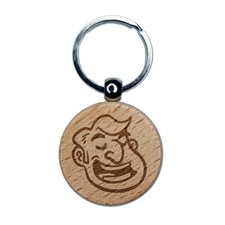 Smiling Talking Man Cartoon Head Engraved Wood Round Keychain Tag Charm
