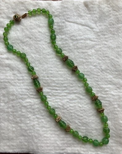 Vintage Miriam Haskell Signed Green Bead Necklace Gold Tone Filigree 28"