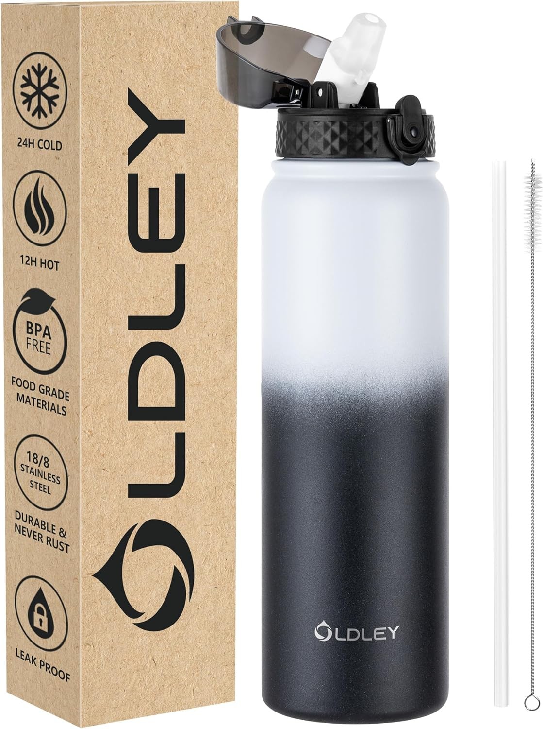 OLDLEY Stainless Steel Water Bottle with Straw 1L Vaccum Insulated Large Drink