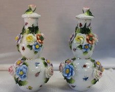 2 Flower Encrusted Sitzendorf Double Gourd Bottles Porcelain Rose Bud Lids 19th-