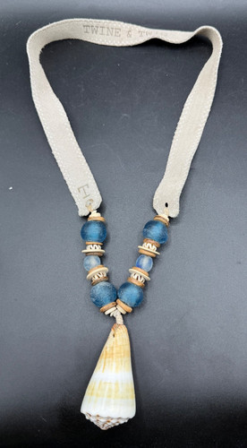 Twine & Twig Large Cone Shell & Blue African Glass Bead Suede Statement Necklace