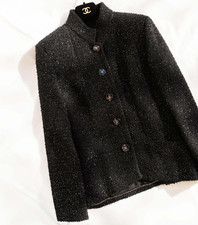 FR40-42 Chanel Spring 2019 Classic High Collar Two Pocket Black Tweed Jacket