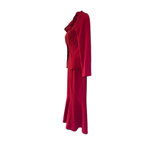 size 8 Red Ruffle Collar Monroe & Main Trumpet Hem Skirt Set Career Party Suit - Picture 5 of 19