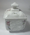 Milk Glass Vtg Floral  & Raised Grape Leaf Pattern Square Covered Candy Dish