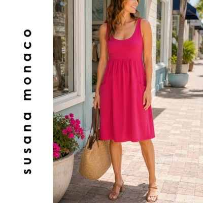 Susana Monaco, Sleeveless Scoop Neck Pocket Dress Bright Pink Size Large