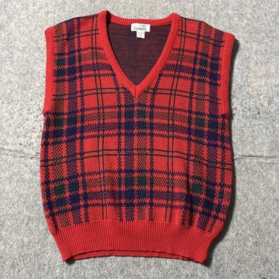 Vintage Partners V Neck Sweater Vest Mens Large Plaid Chunky Knit Red Acrylic 