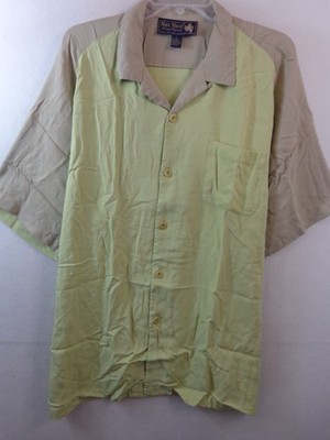 Nat Nast Shirt Men's L Green Tan 100% Silk Short Sleeve Button Down