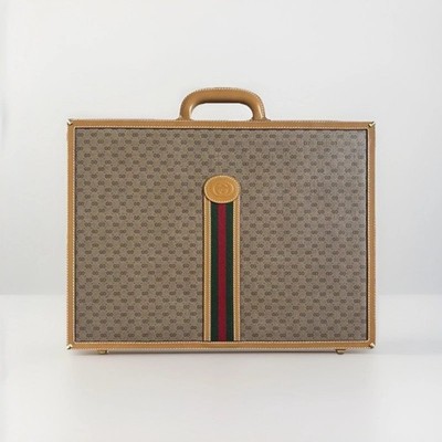 Vtg 70s Gucci GG Monogram Attache Hard Side Briefcase Web Stripe Leather Italy