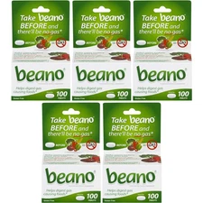 5 Pack Beano Food Enzyme Dietary Supplement Tablets 100 Each