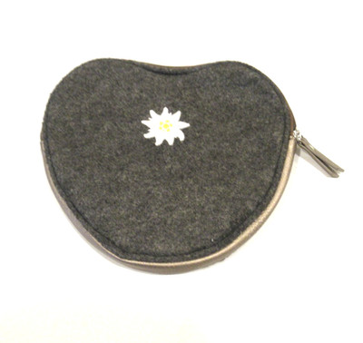 Lufthansa gray felt heart-shaped toiletry bag, edelweiss flower