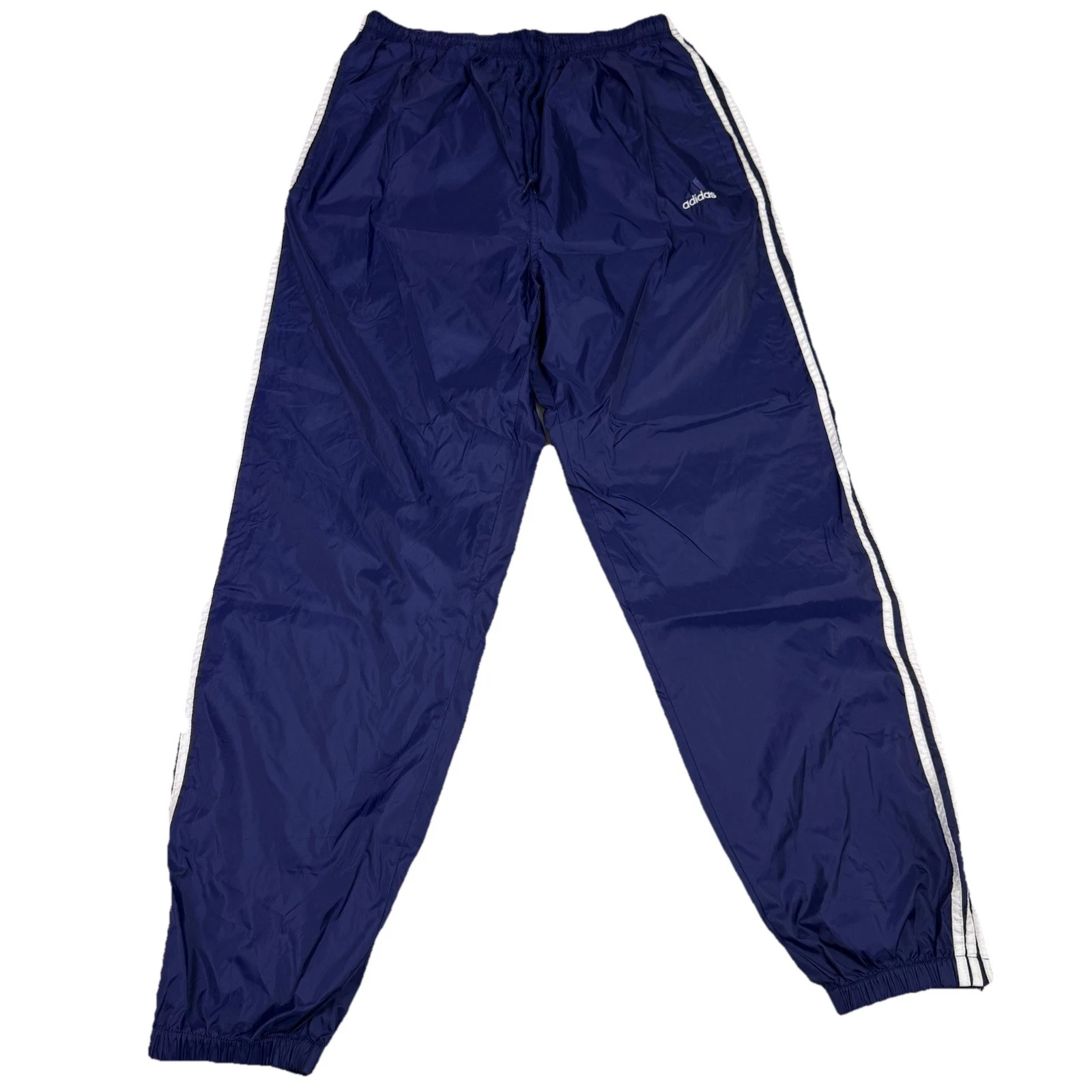 Vintage Adidas XL Navy Blue Windbreaker Track Pants White Stripe Zip Ankle Y2K