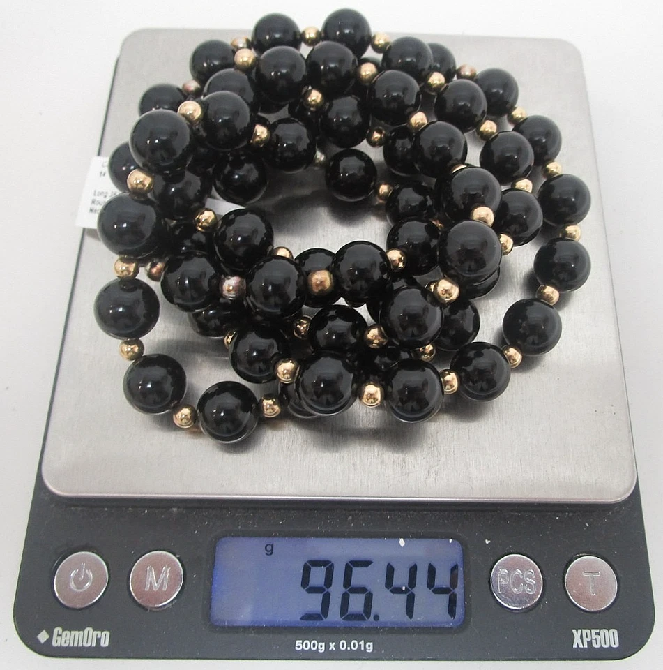 Collar Vintage 36" 10mm Ónix Negro y Oro Amarillo Relleno Cuentas Foto 3 de 3