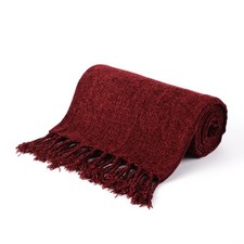 Burgundy Chenille Throw Blanket 50x60 Inch Red Knit Fringe Decor