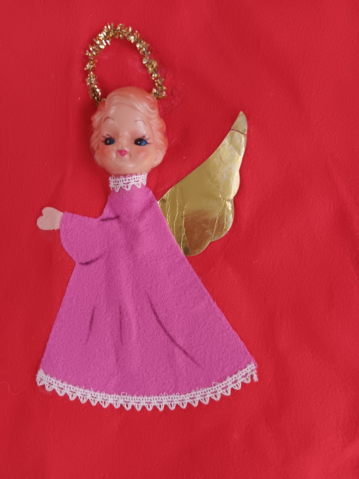 Vintage Christmas Tree Skirt Santa, Angel, Elf Plastic Face 3D