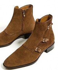Handmade men suede leather boots, men brown three buckle fashion ankle high boot