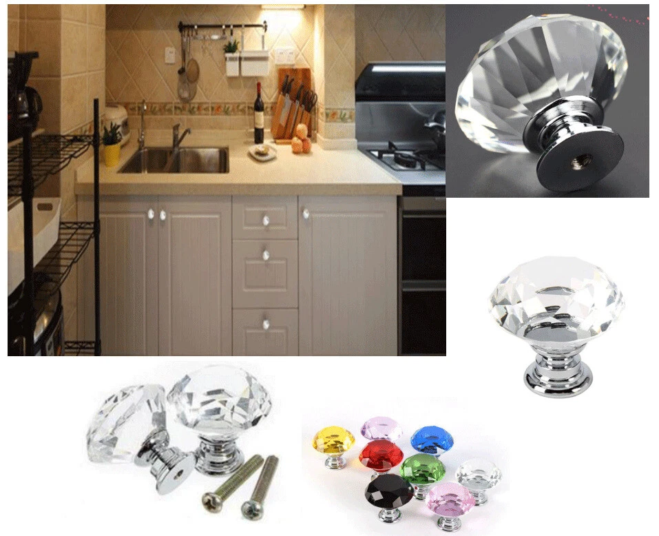 10Pcs Crystal Glass Cabinet Knob Diamond Shape 30mm Drawer Cupboard Handle Pull - Image 2 of 4