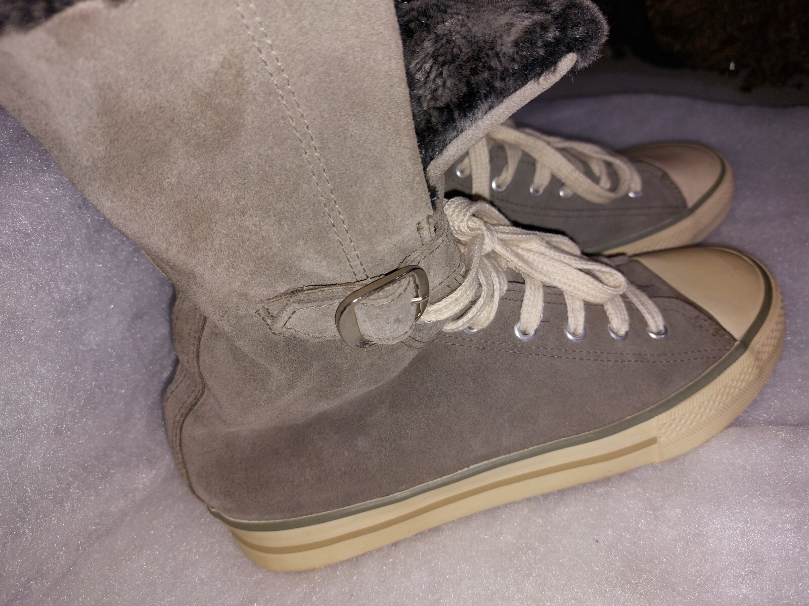Vintage MOTO  women's grey suede hi top fur trimmed baseball Boots size UK7 EU40 image 5