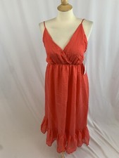 Women's Coral Orange Hibiscus Maxi Dress Small Baylee Midi Dress Crinkle Gauze