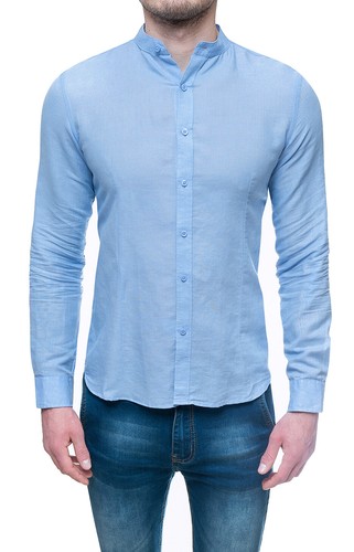 Camicia di lino uomo sartoriale estiva celeste slim fit con collo alla  coreana | eBay