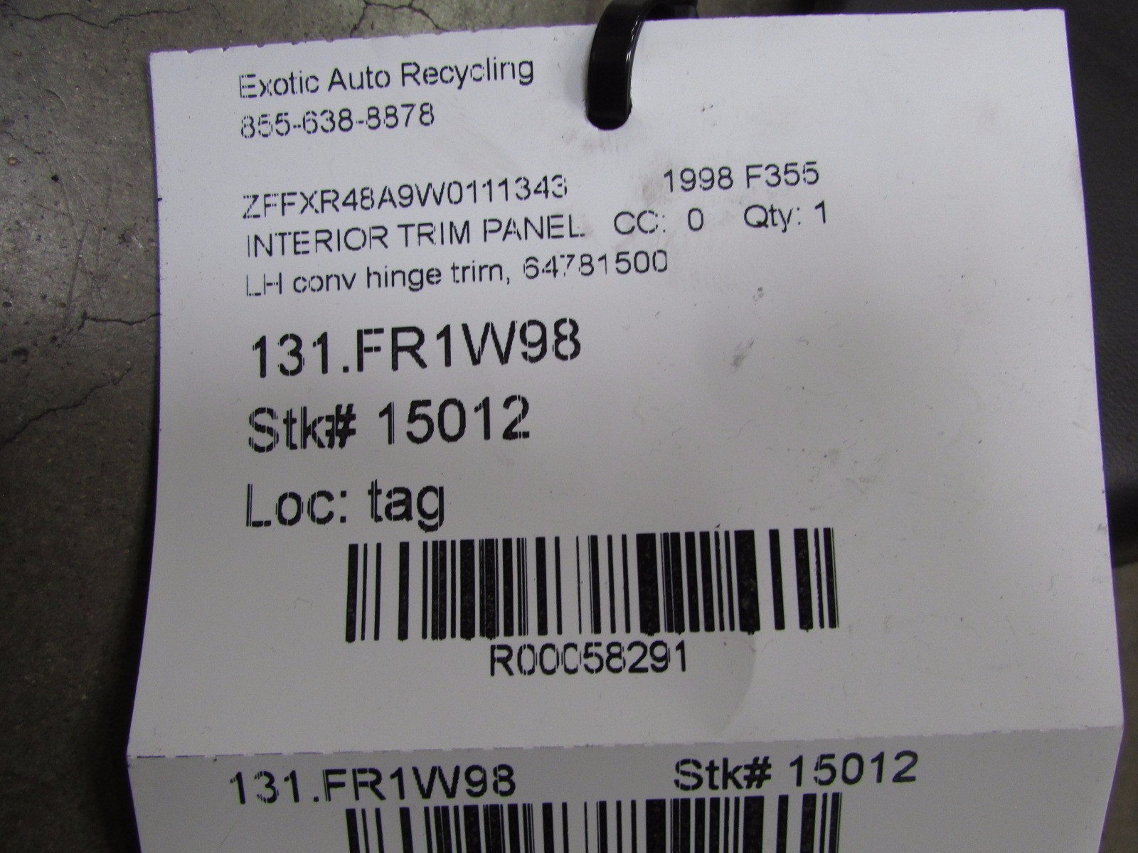 Ferrari F355, LH Left Convertible Top Hinge Trim, Used, P/N 64956400