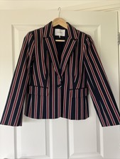 Frame Striped Jacket 6 Navy/burgundy/white Long Sleeves Lapel Button Pockets