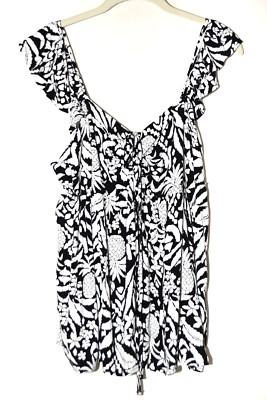 Loft Ann Taylor Black White Pineapple Pleated Ruffle Sleeve Blouse Size M NWT