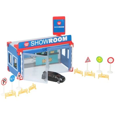 GEARBOX Kinder Spielzeug Auto Showroom Werkstatt + Verkehrsschilder Absperrungen Auto