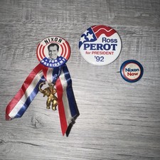 Lot Of 3 Vtg Political Pins Nixon For President ‘72 w/ Elephant + Ross Perot ‘92