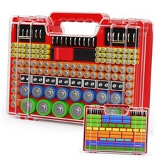 Battery Organizer Storage Holder Box Case with Tester, Stores Protects Up Red