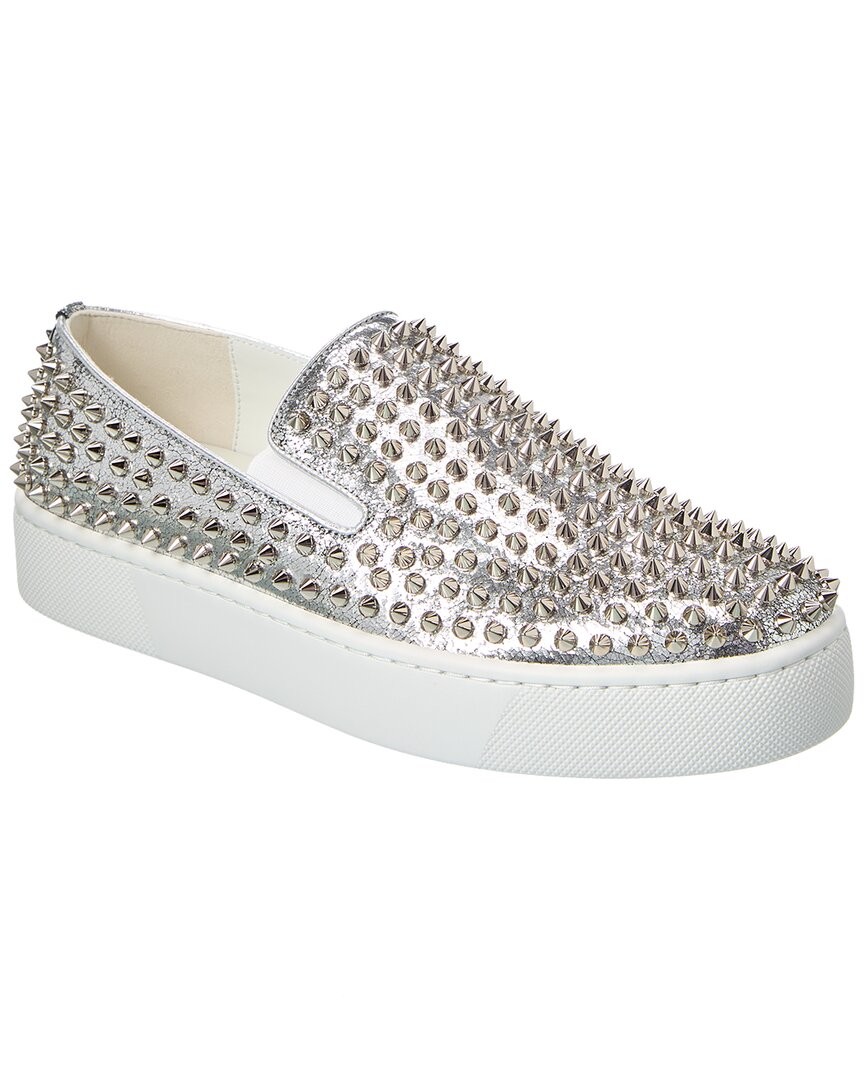 Christian Louboutin Spikeboat Leather Slip-On Sneaker Men's Silver 41