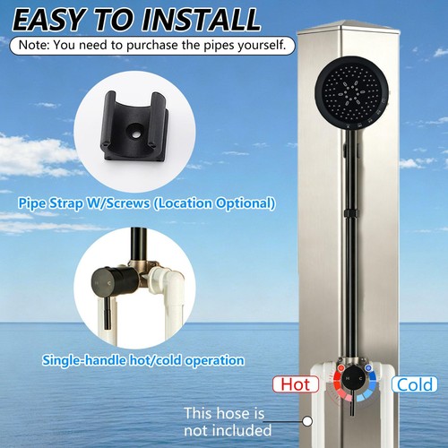Matte black shower kit with single lever handle, shown with metal pipe strap and black mounting hardware.