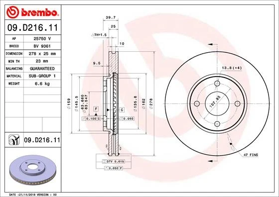 2x BRAKE DISC 09.D216.11 FOR FORD YYJD/M1JJ/M1JC/M1JU 1.0L 3cyl ECOSPORT SUV - Image 2 of 4