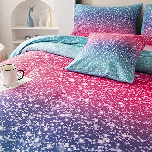 RYNGHIPY 6Pcs Gradient Glitter Comforter Sets for Teen Girls Full Size, Colorful - Bild 7 von 9