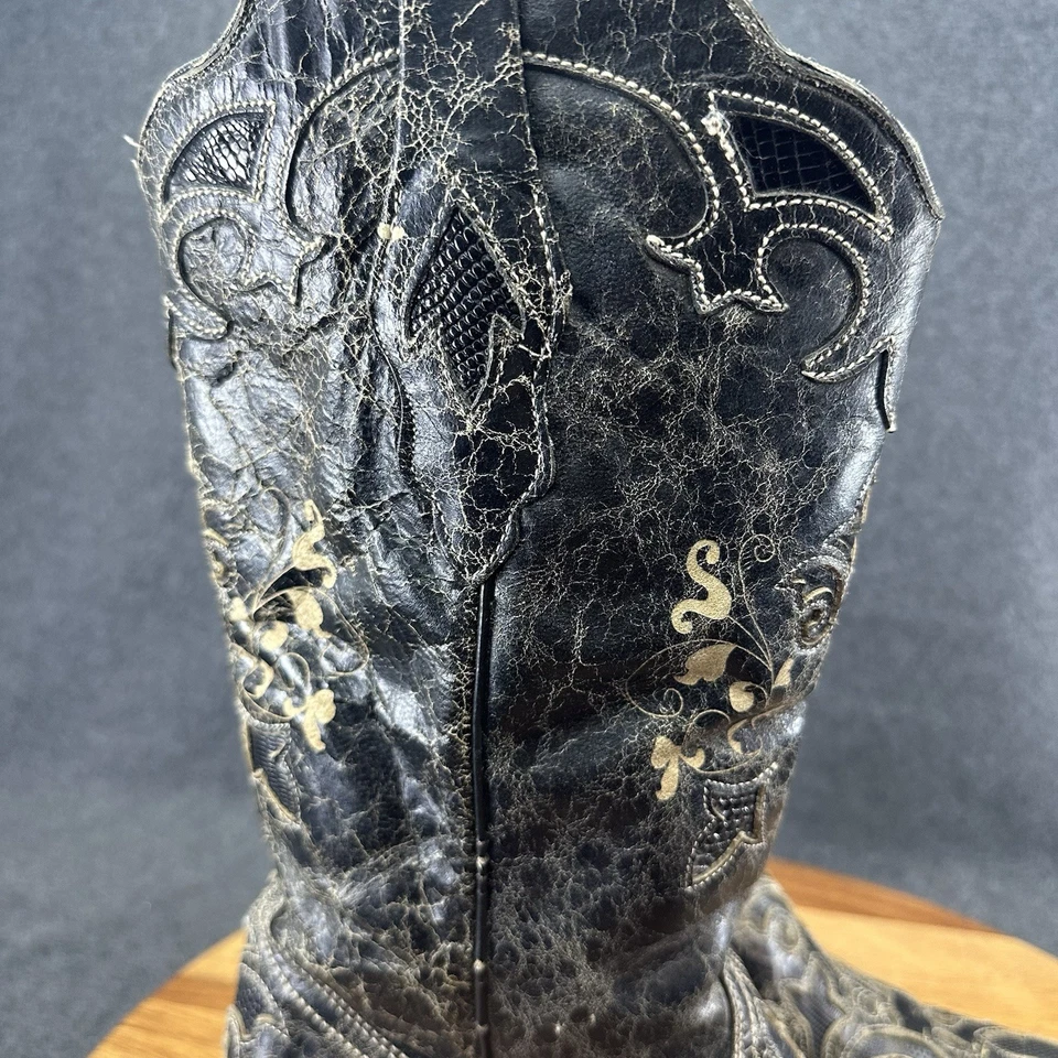 Botas de Vaquero Corral Cuero Negro Punta Punta Lagarto Incrustación Mujer Talla 7.5 M C2108 Foto 3 de 4